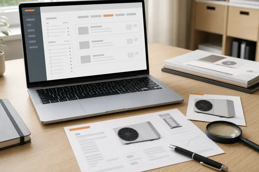 Laptop z wyszukiwarką urządzeń oraz dokumentacja techniczna pompy ciepła przygotowana do porównania